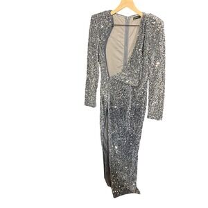 BANJUL Silver Sequin Long Sleeve Maxi Dress High Slit Glamorous Evening
